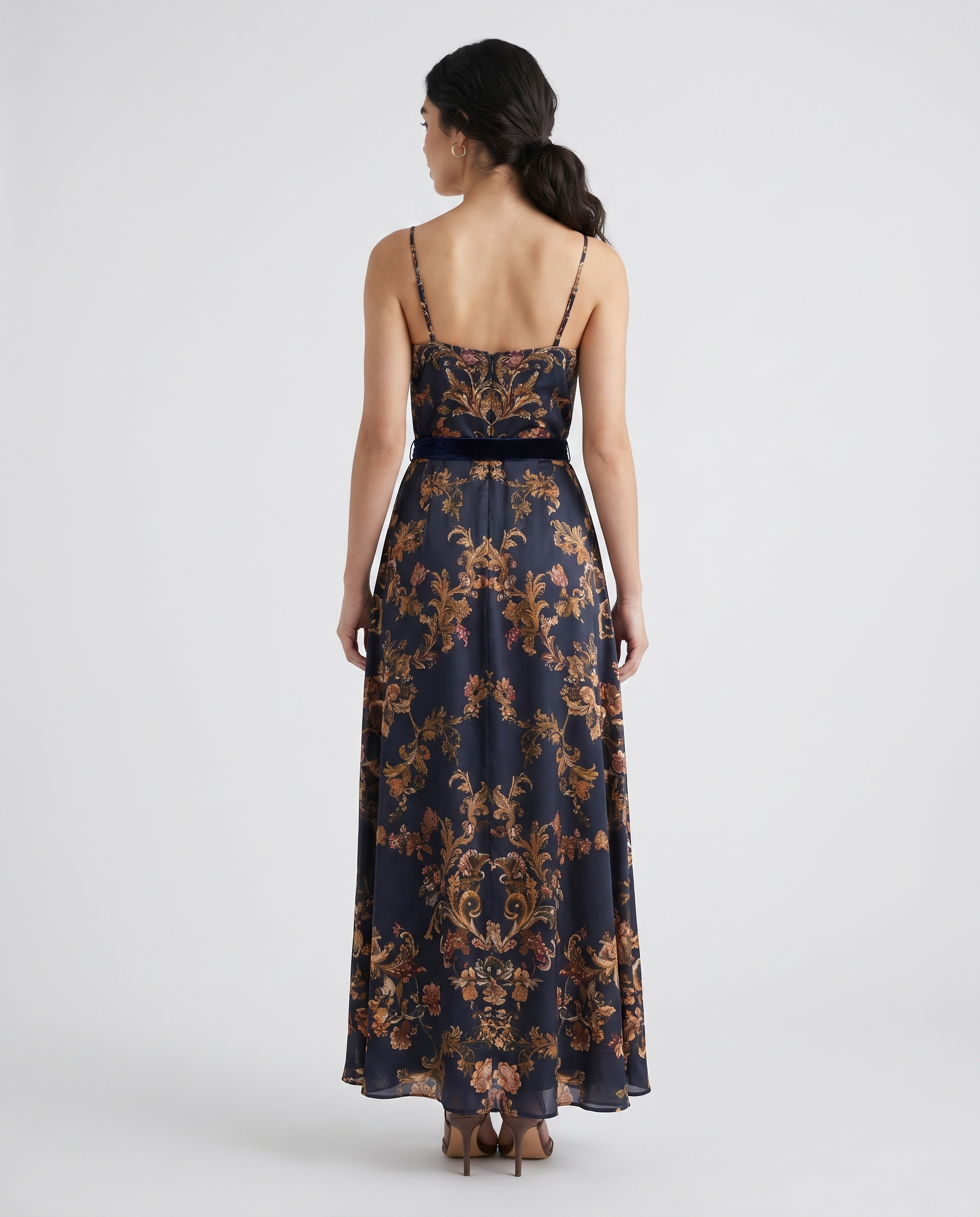 Baroque floral belted cami maxi dress, back view