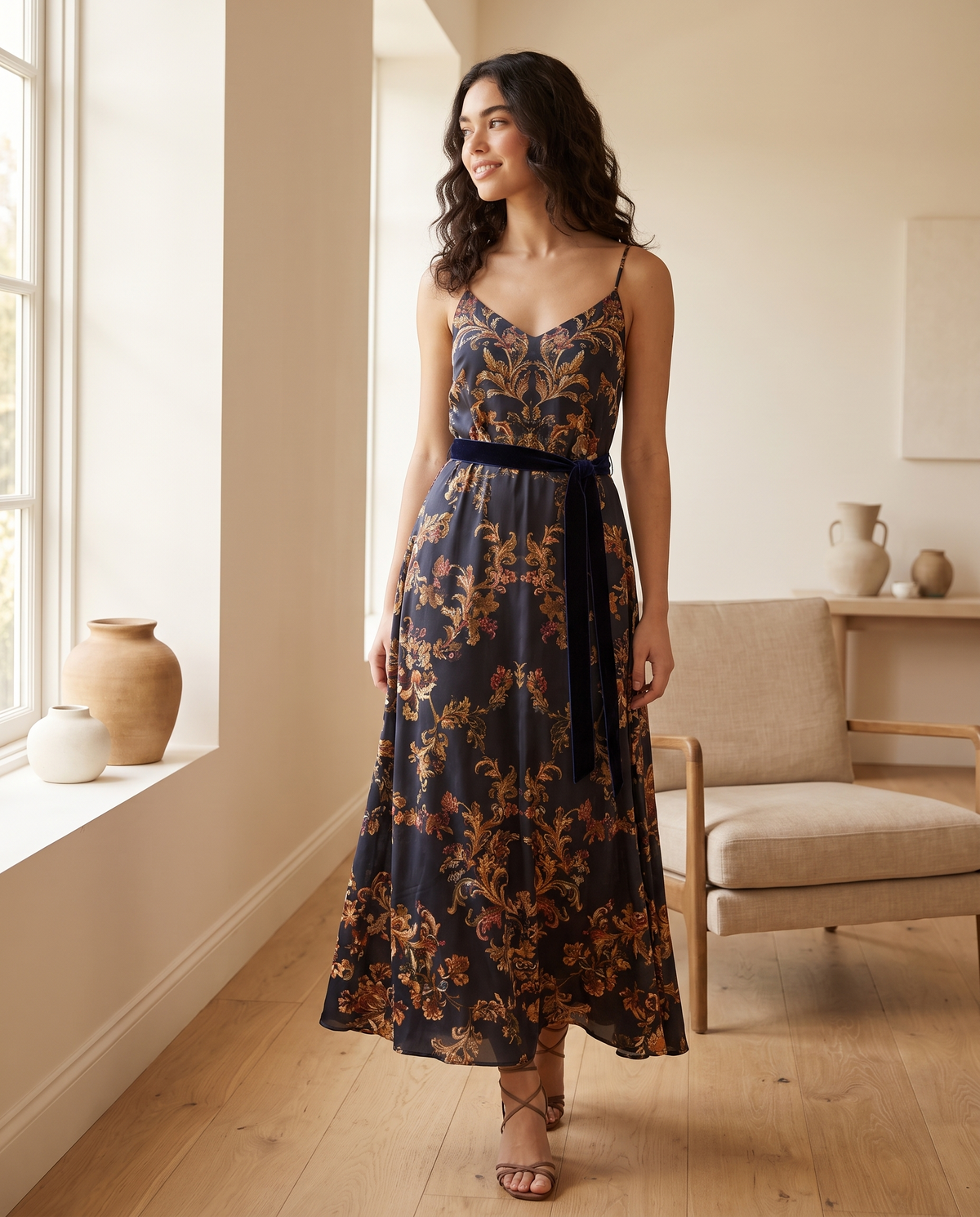 Model wearing baroque floral belted cami maxi dress, lifestyle
