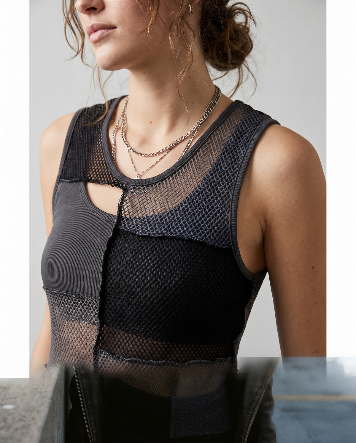 Mesh patchwork sleeveless top, texture detail