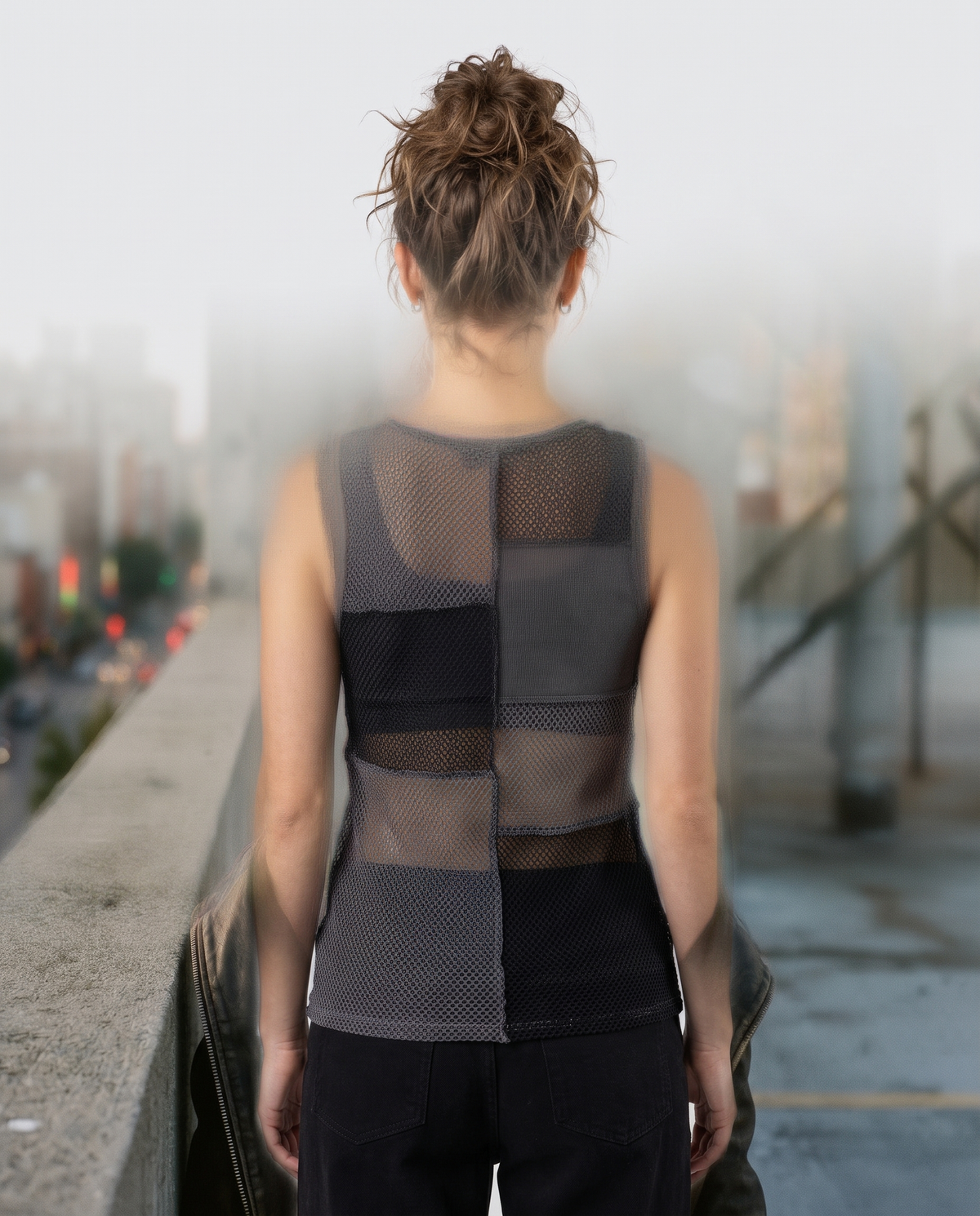 Mesh patchwork sleeveless top, back view