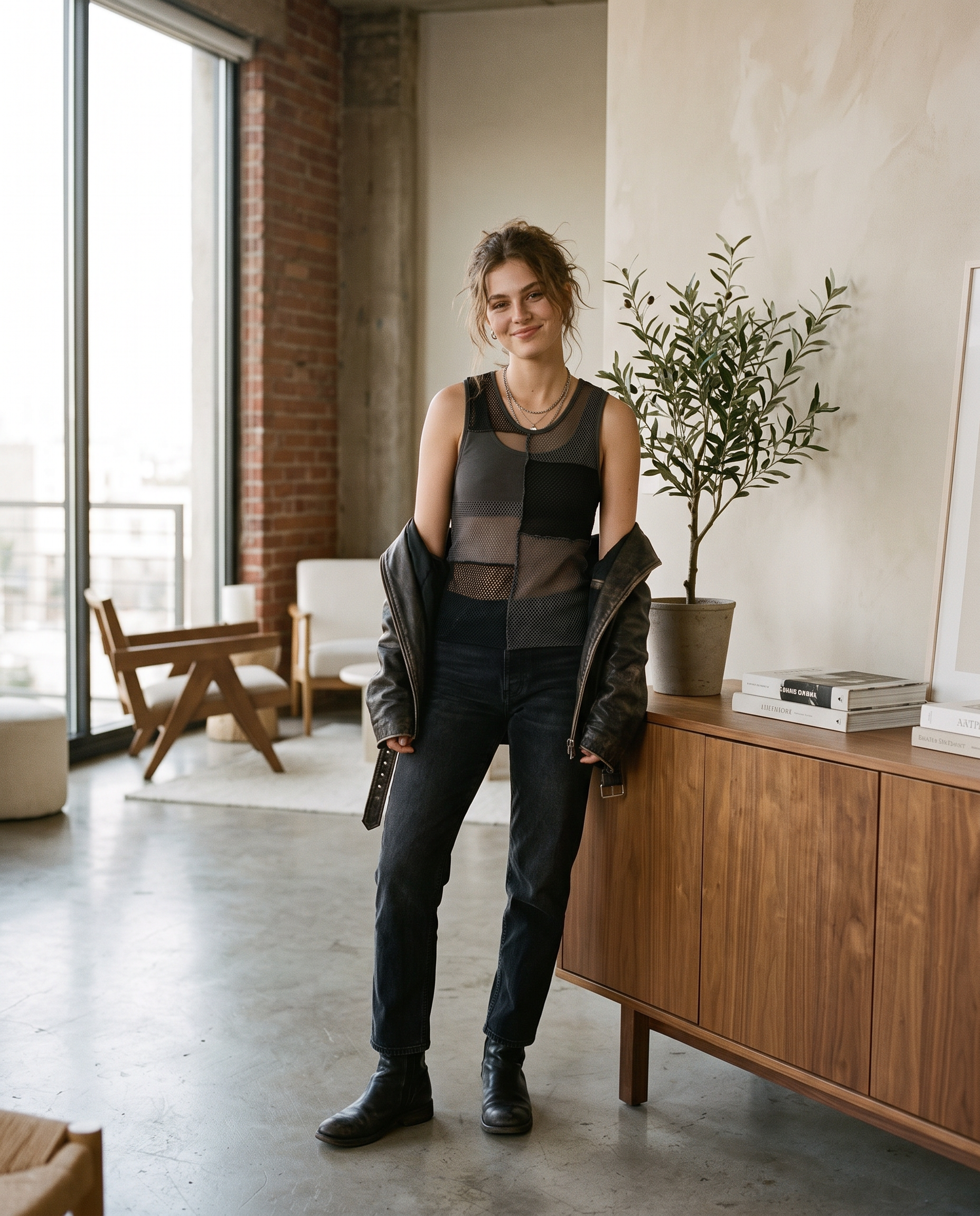 Model wearing mesh patchwork sleeveless top, lifestyle