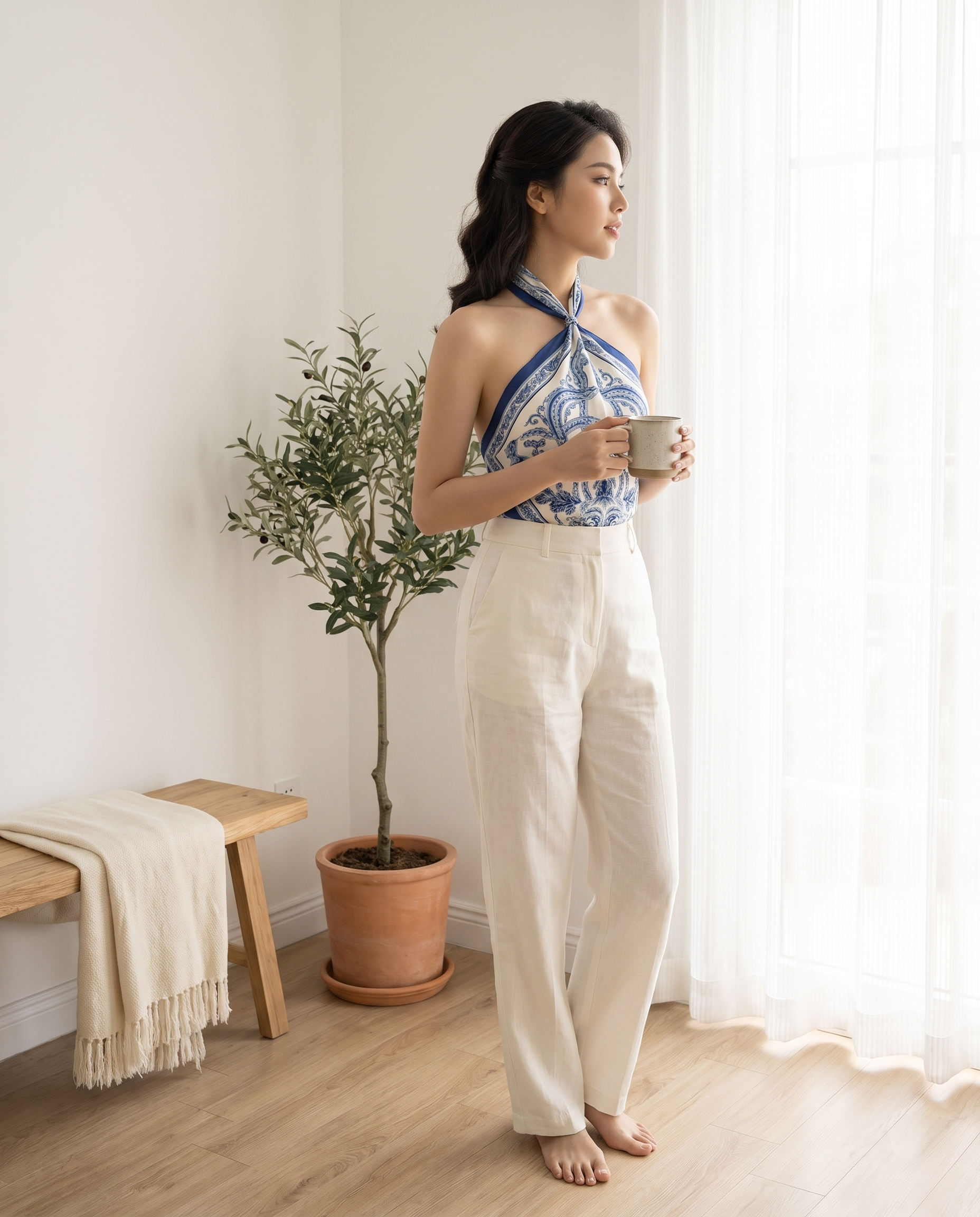 Model wearing porcelain-print scarf halter blouse, lifestyle