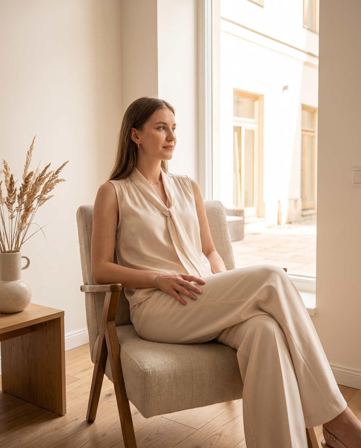 Model wearing tie-neck sleeveless blouse and pants set, lifestyle