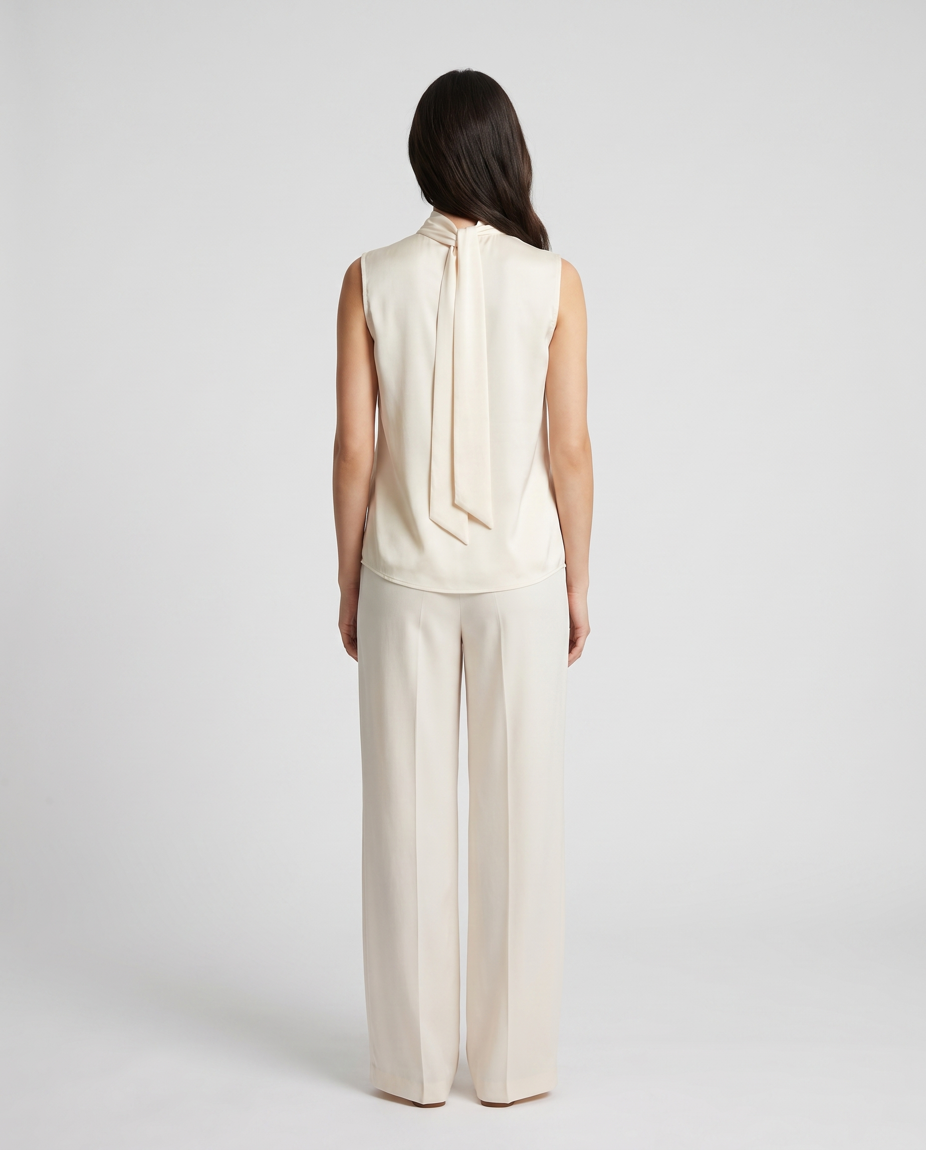 Tie-neck sleeveless blouse and pants set, back view