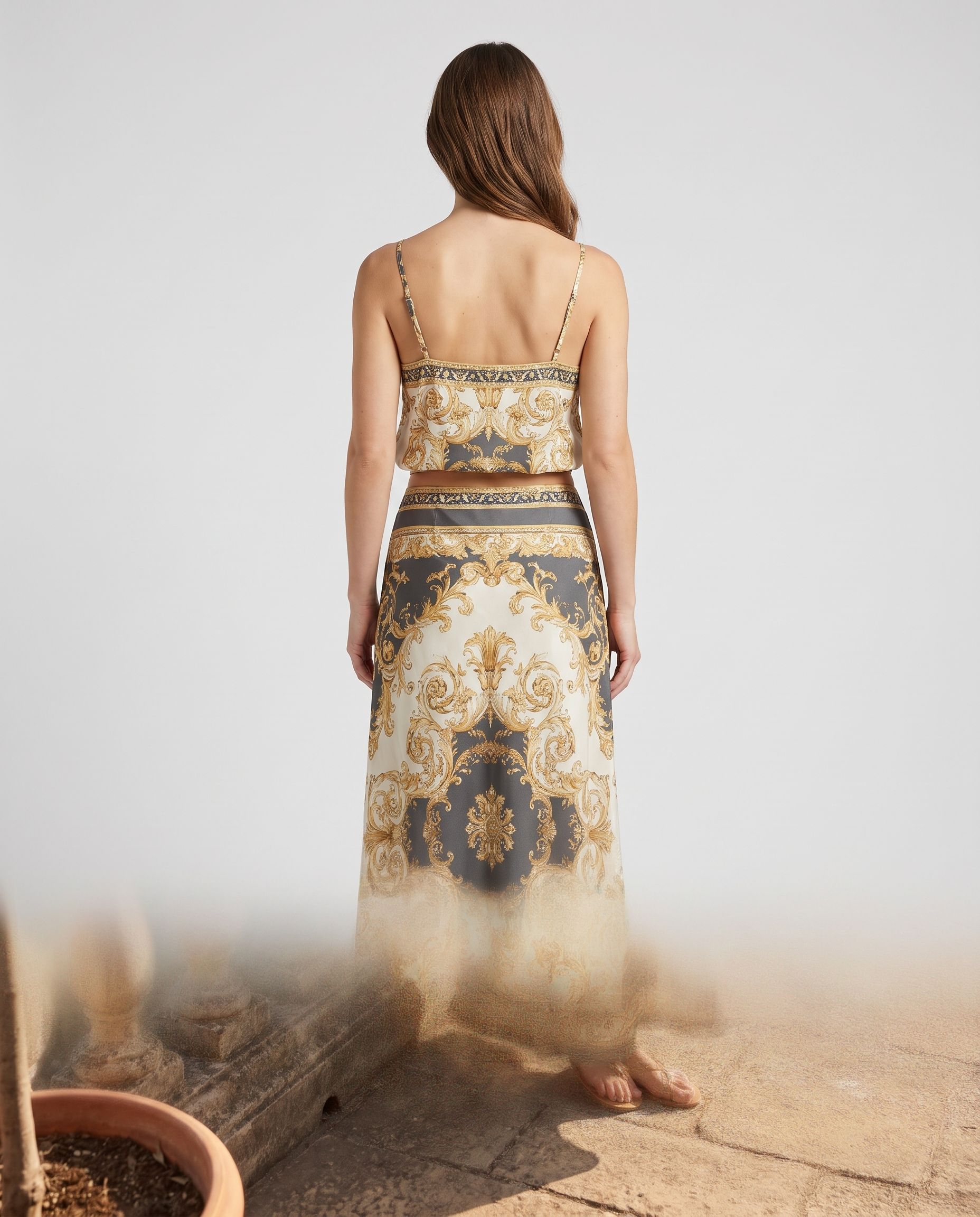 Baroque print cami crop top and maxi skirt set, back view