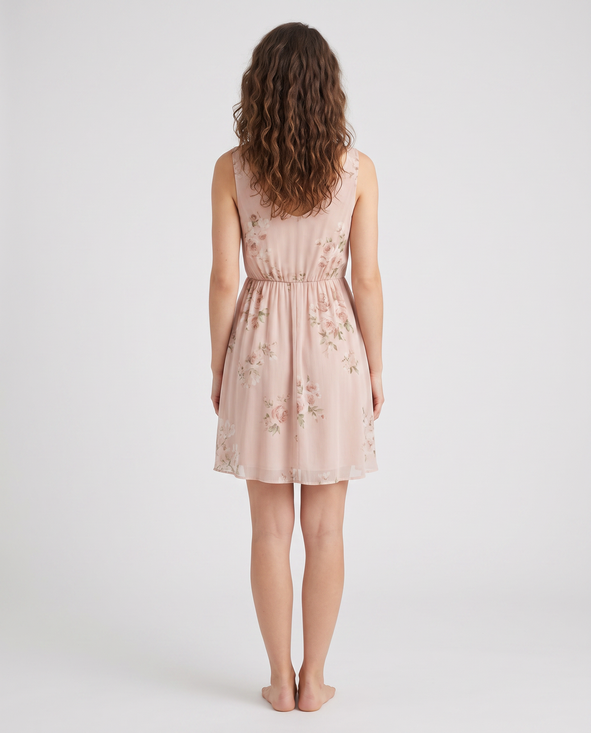 Romantic print sleeveless mini dress, back view