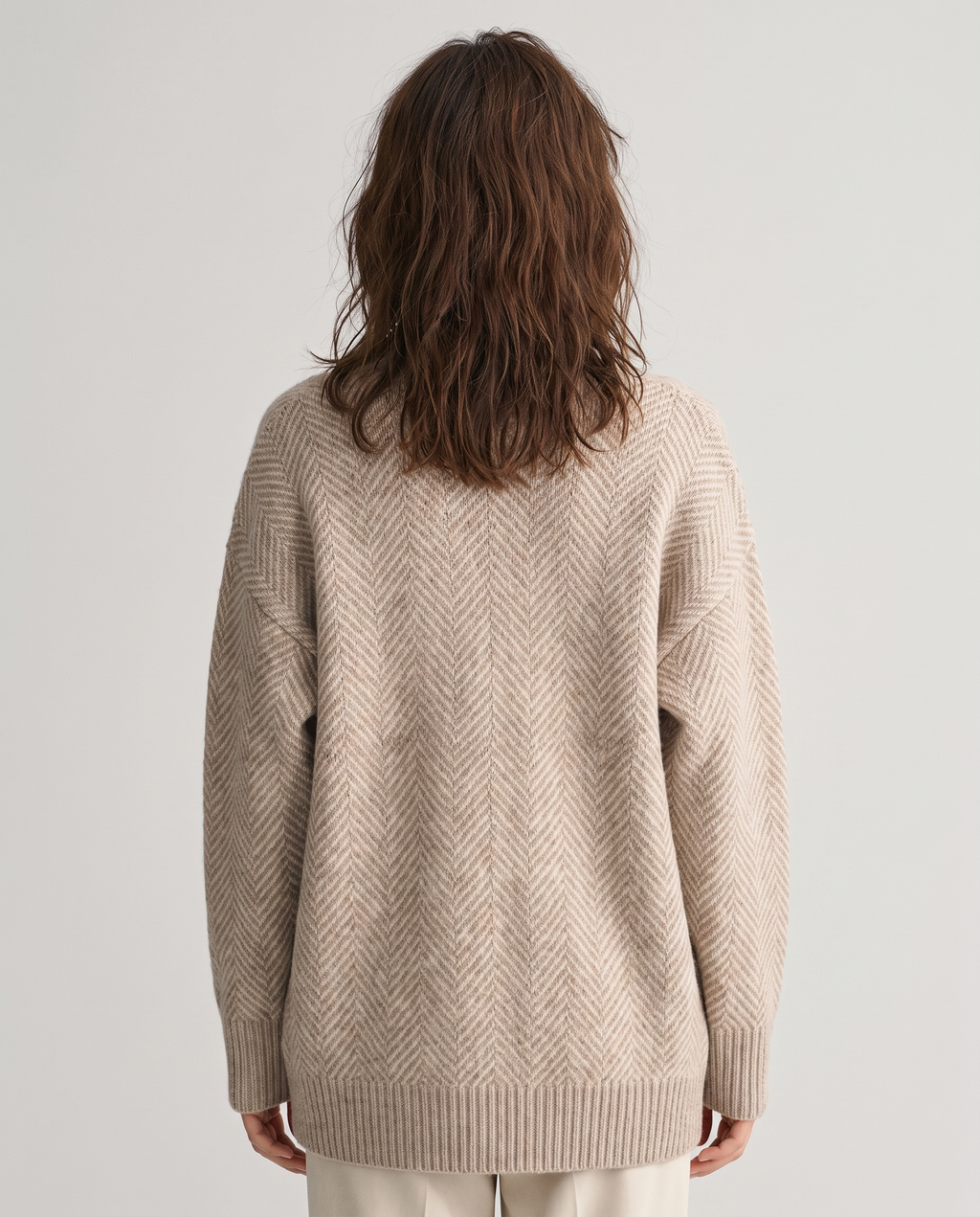 Oversized herringbone knit cardigan, back view