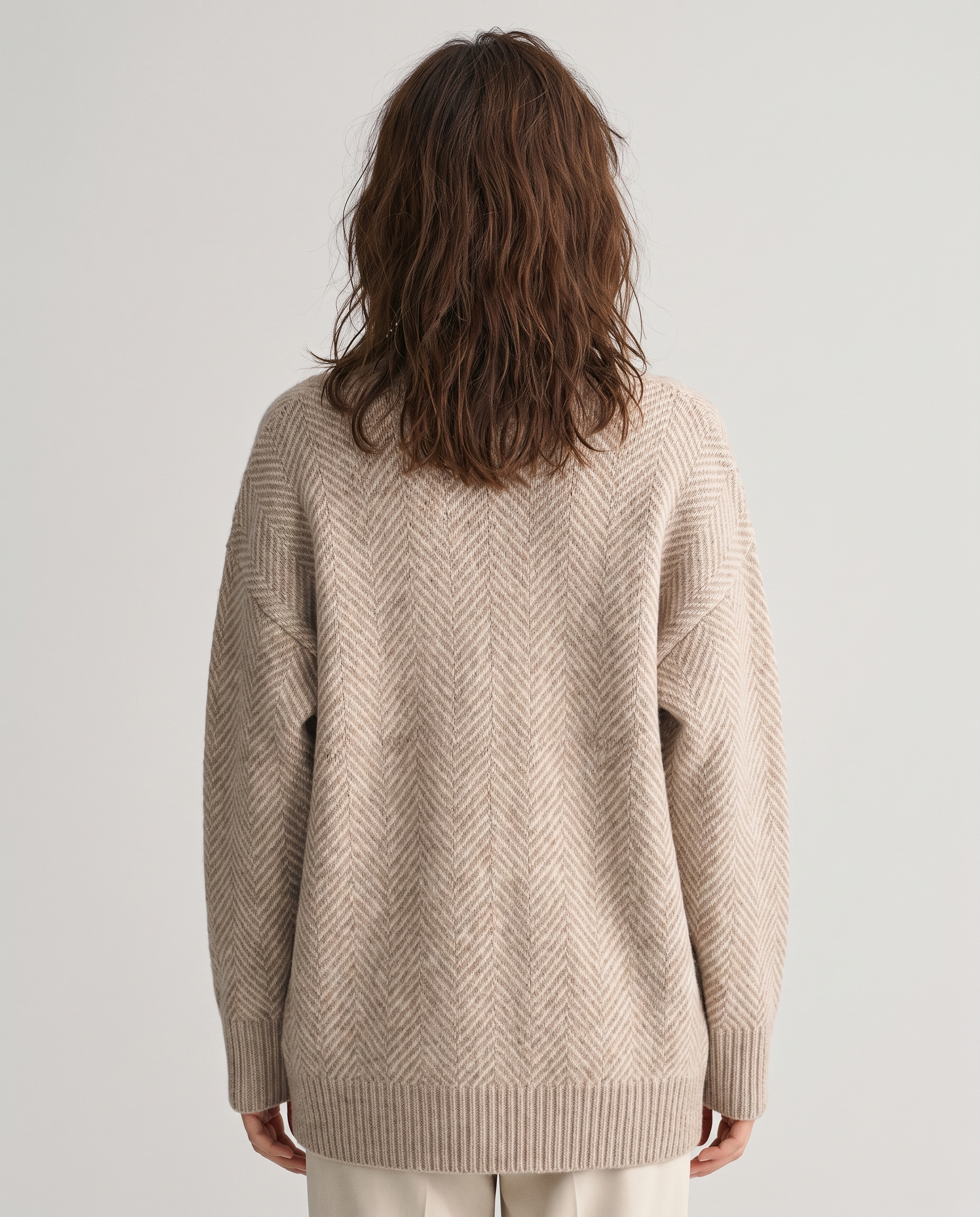 Oversized herringbone knit cardigan, back view