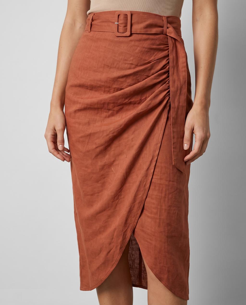 Belted linen-blend ruched wrap midi skirt, belt and ruche detail