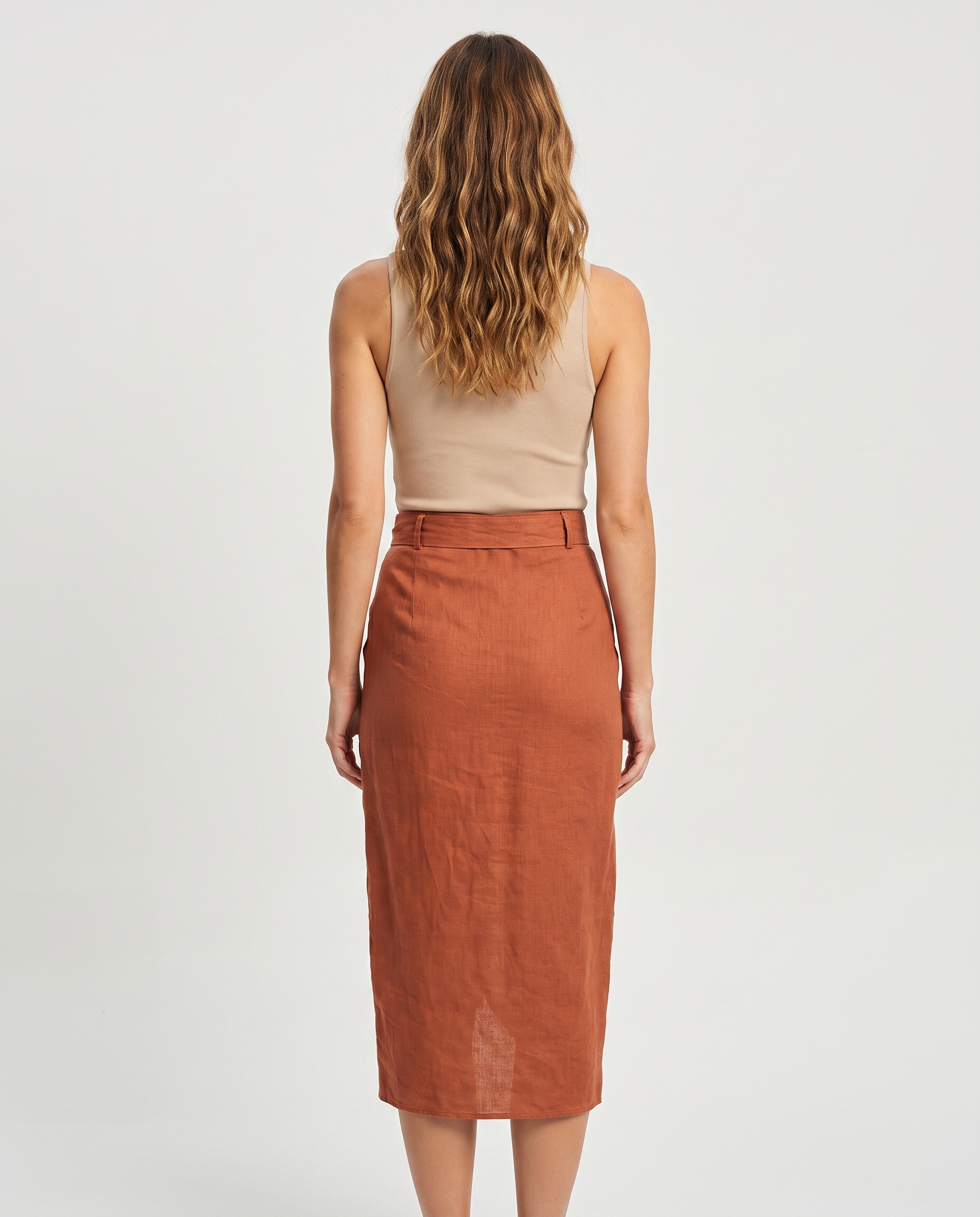 Belted linen-blend ruched wrap midi skirt, back view