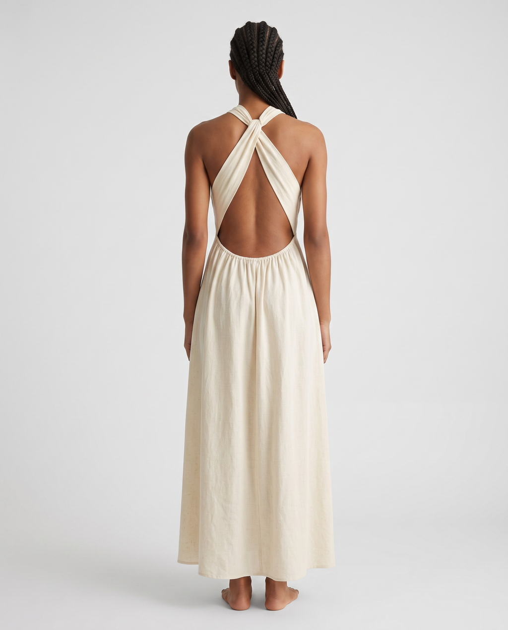 Open-back sleeveless maxi dress, back view