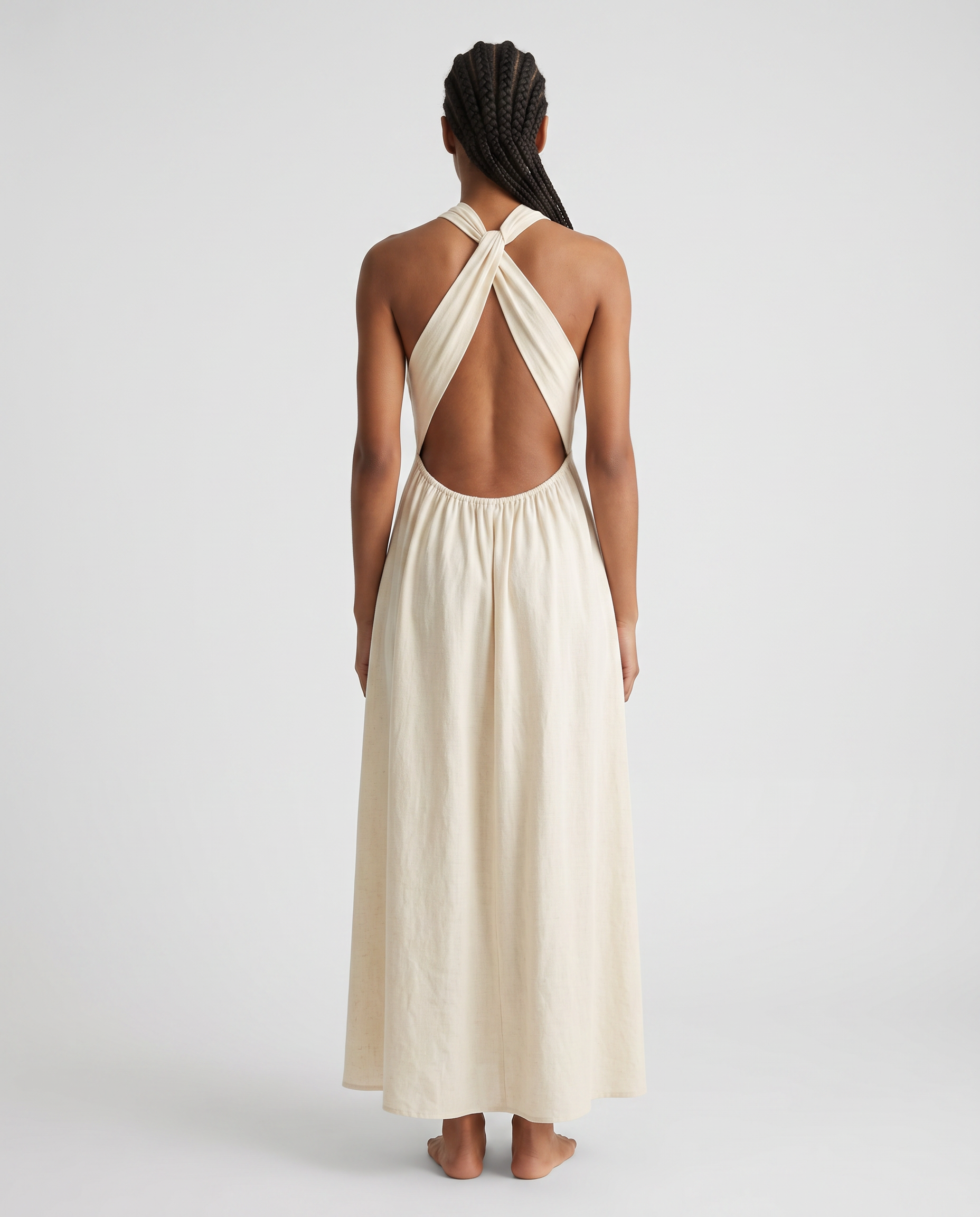 Open-back sleeveless maxi dress, back view