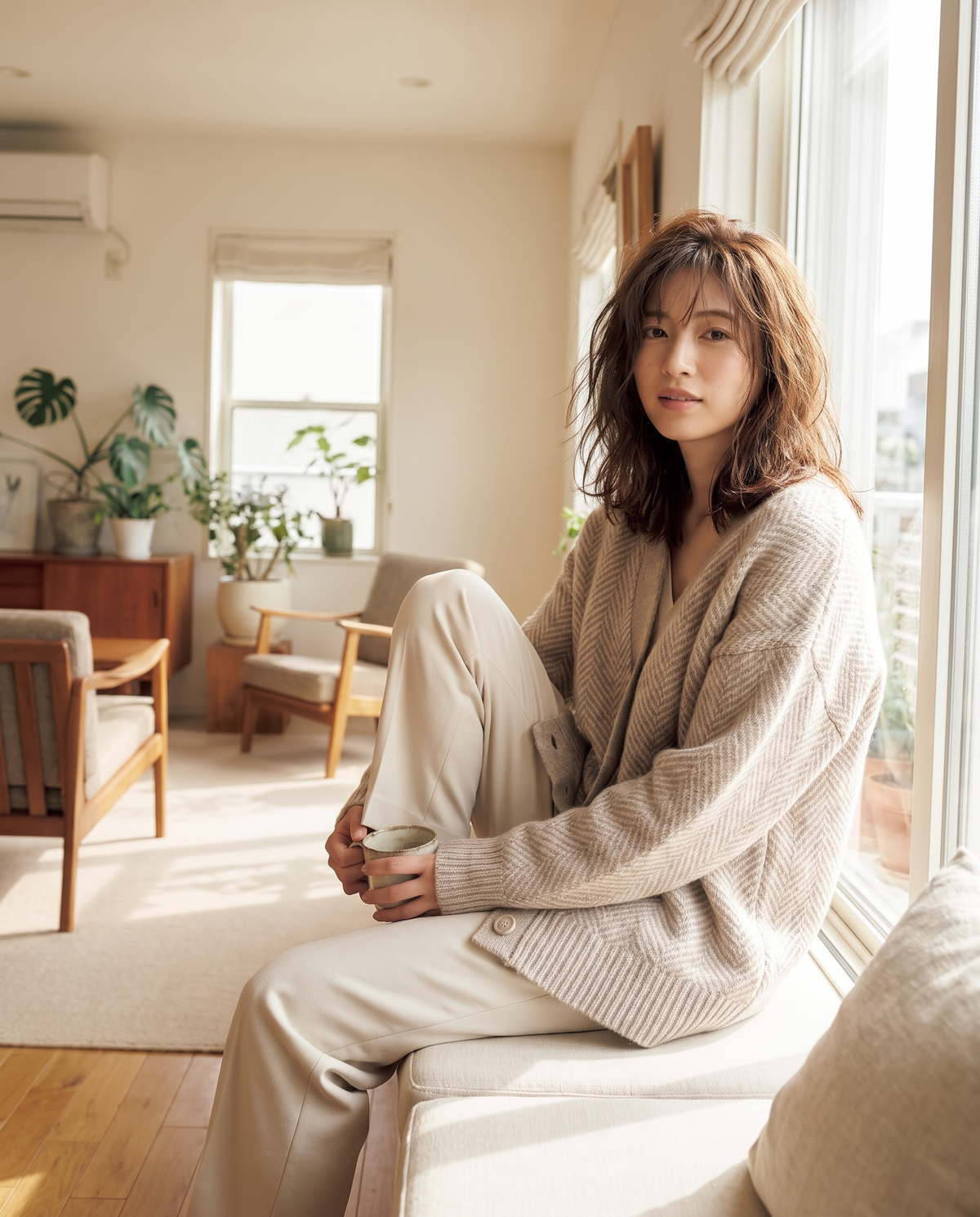 Model wearing oversized herringbone knit cardigan, lifestyle