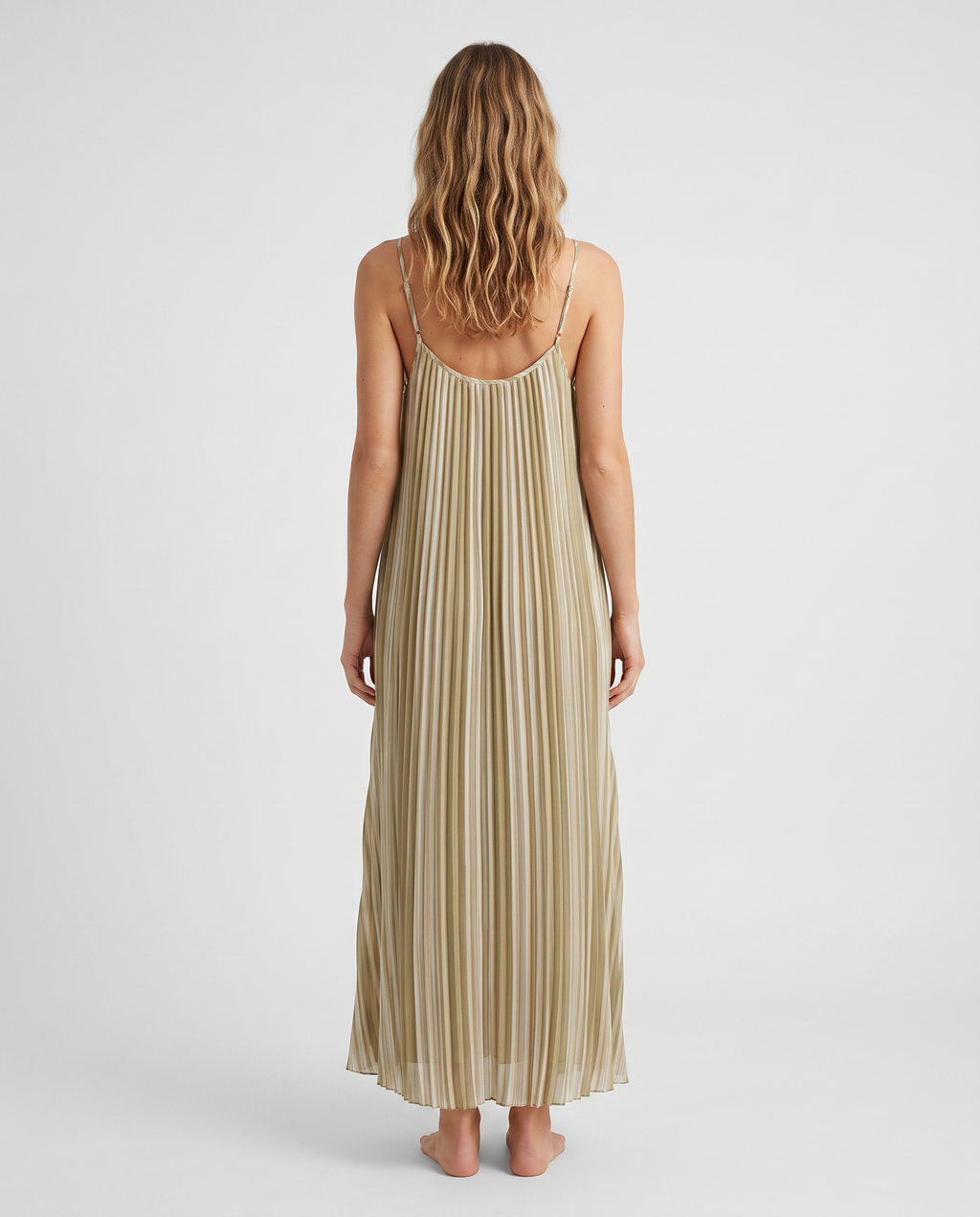 Striped pleated cami maxi dress, back view