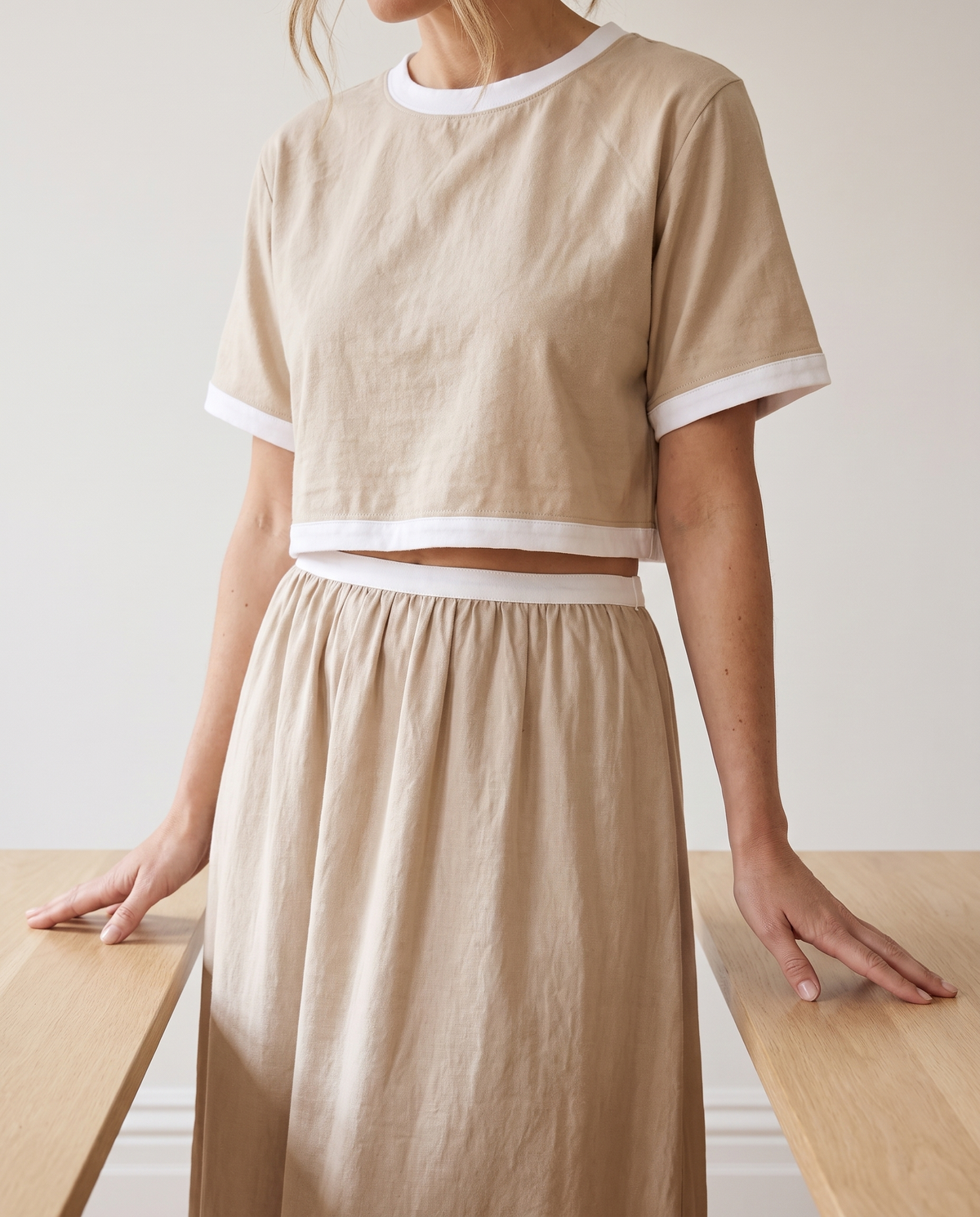 Cotton contrast-trim top and skirt set, trim detail