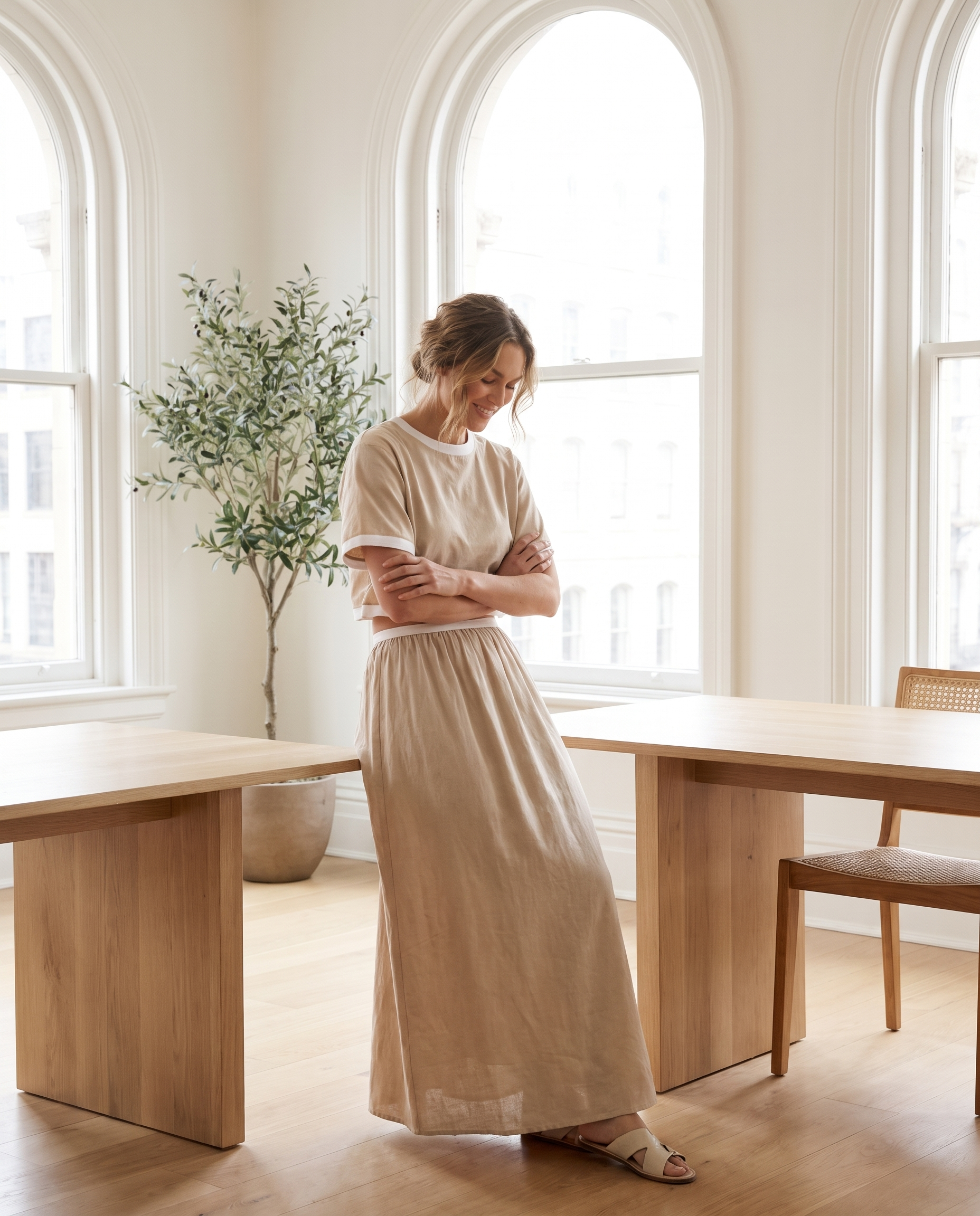 Model wearing cotton contrast-trim top and skirt set, lifestyle