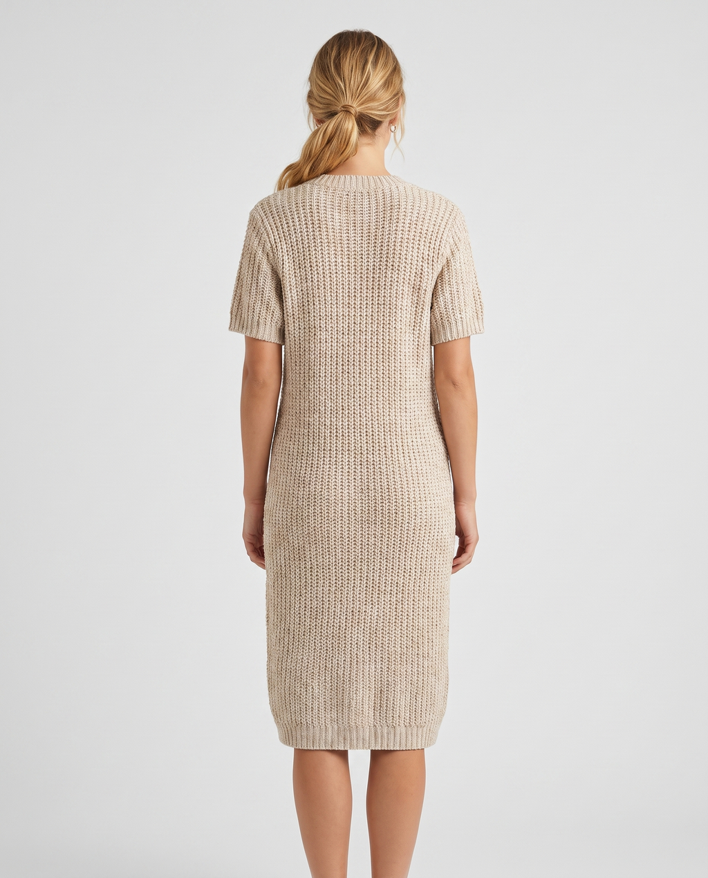 Short-sleeve textured knit midi dress, back view