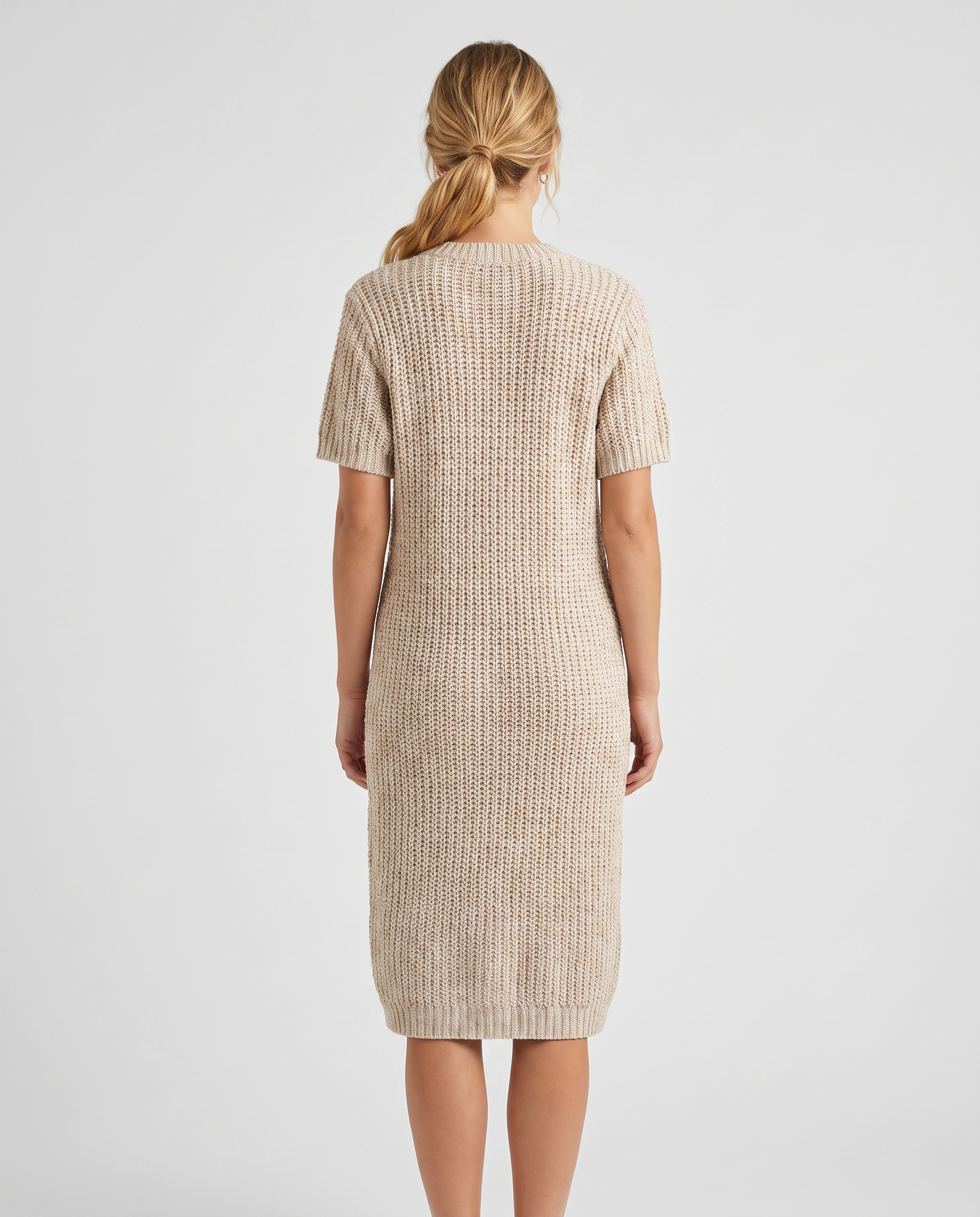 Short-sleeve textured knit midi dress, back view