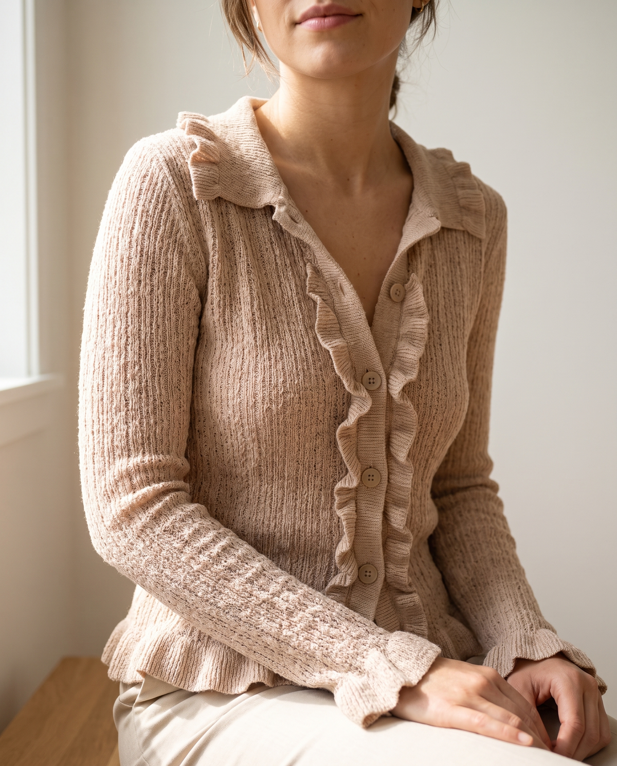 Ruffled button-down knit top, ruffle detail