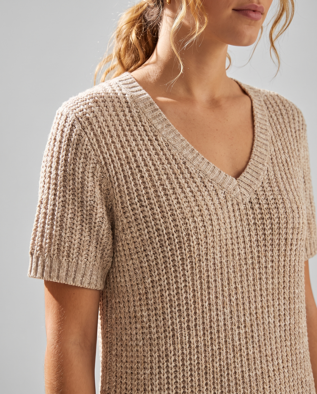 Short-sleeve textured knit midi dress, knit texture detail