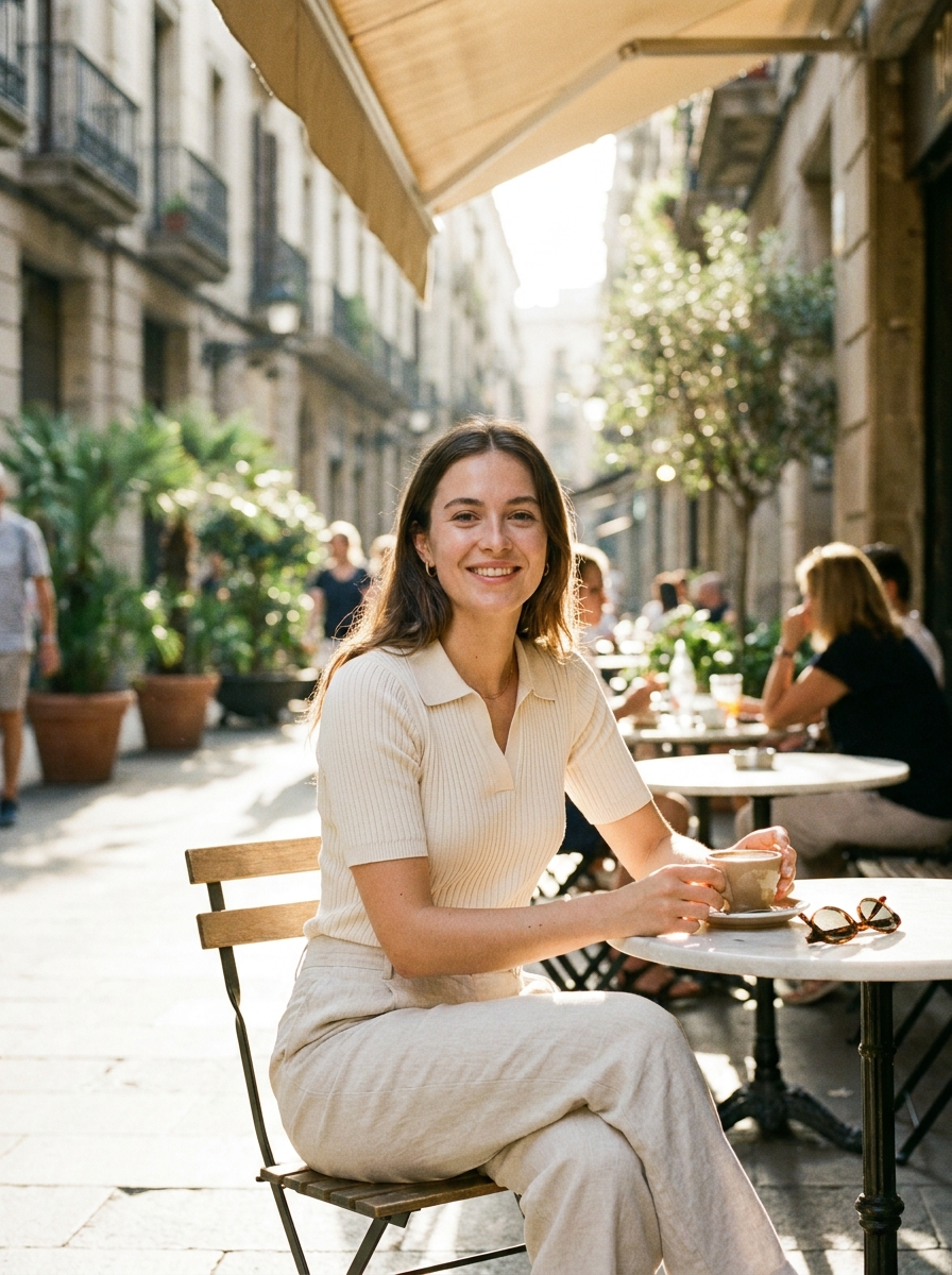 Woman wearing a ribbed knit short-sleeve polo top, front