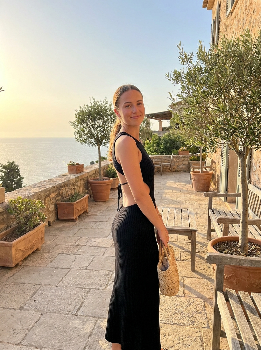 Woman wearing a black cutout backless long knit dress, front