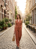 Woman wearing a halter vest and wide-leg pants set, front