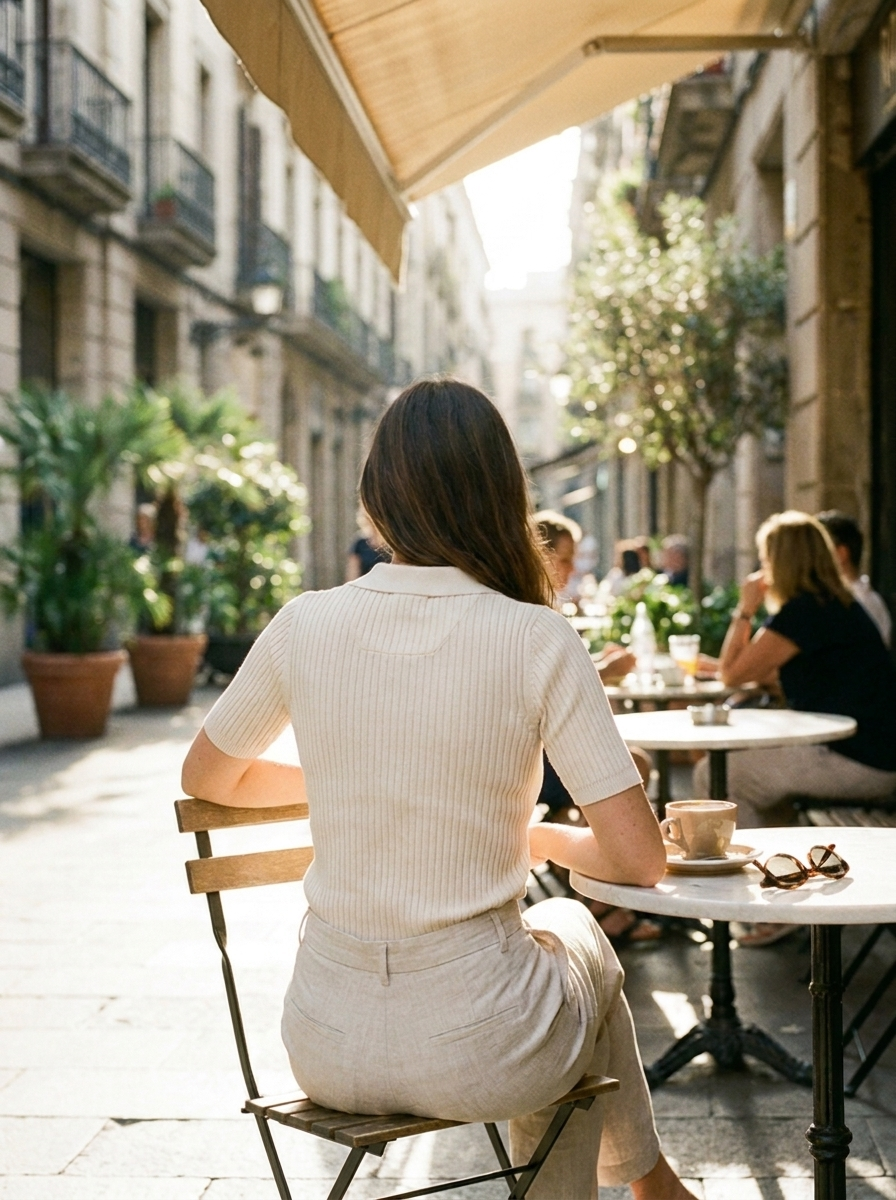 Ribbed knit polo top, back view
