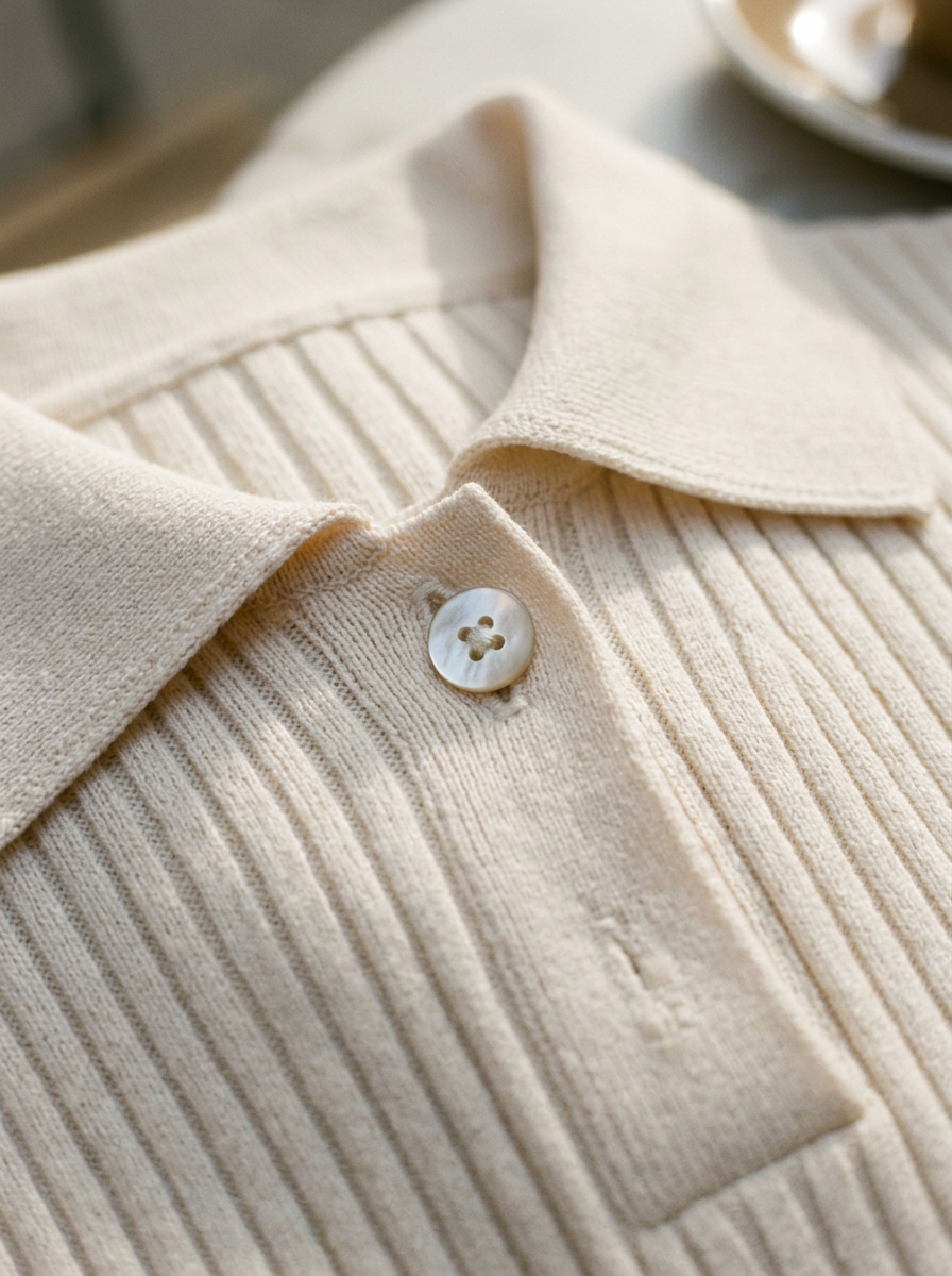 Close-up detail of the ribbed knit polo collar and buttons
