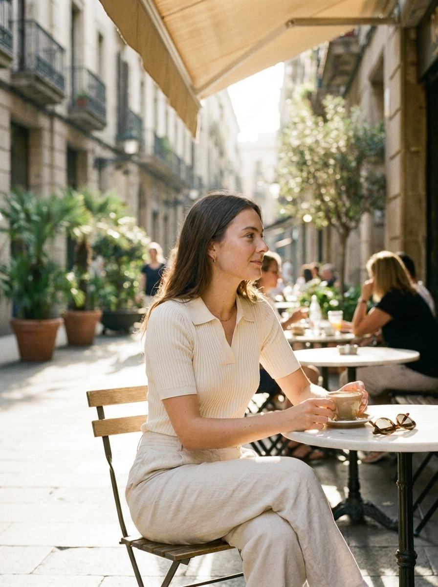 Ribbed knit polo top, three-quarter view