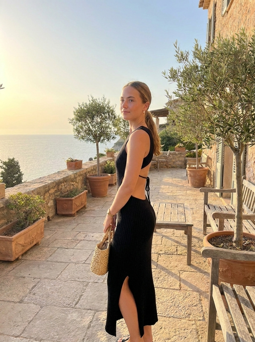 Cutout backless knit dress, three-quarter view