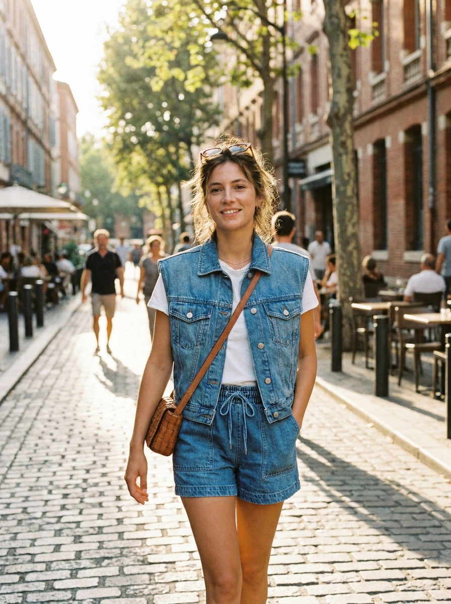 Woman wearing a side-slit denim vest and drawstring shorts set, front