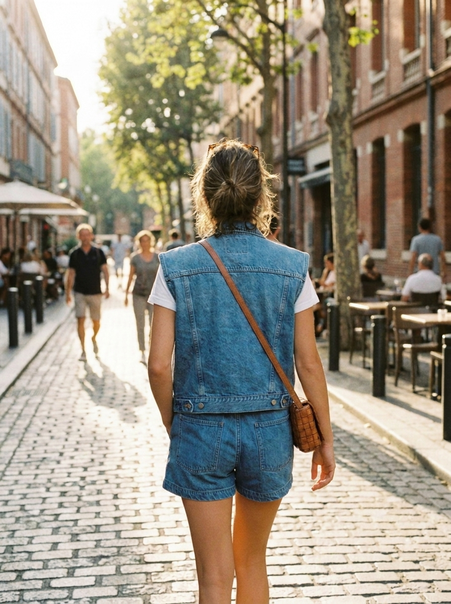 Denim vest and shorts set, back view