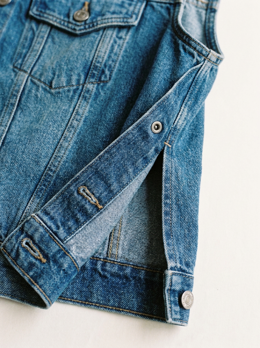 Close-up detail of the denim vest slit, seams and buttons
