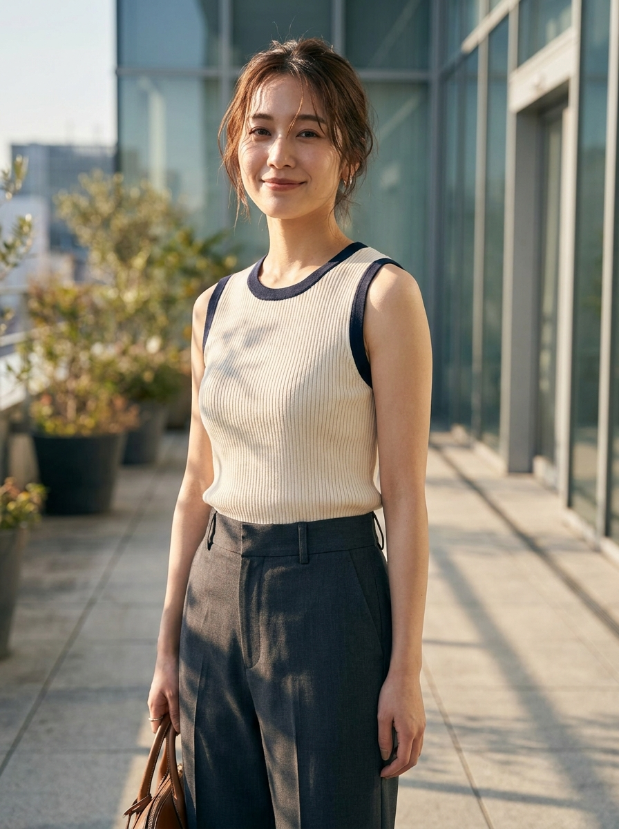 Woman wearing a contrast trim ribbed knit vest, front