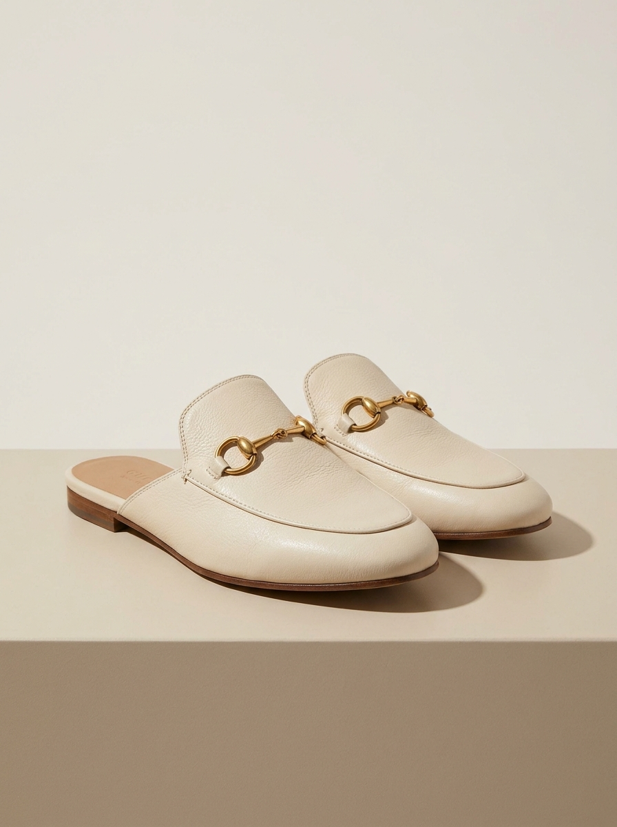 Cream genuine leather horsebit loafer mules, angled view