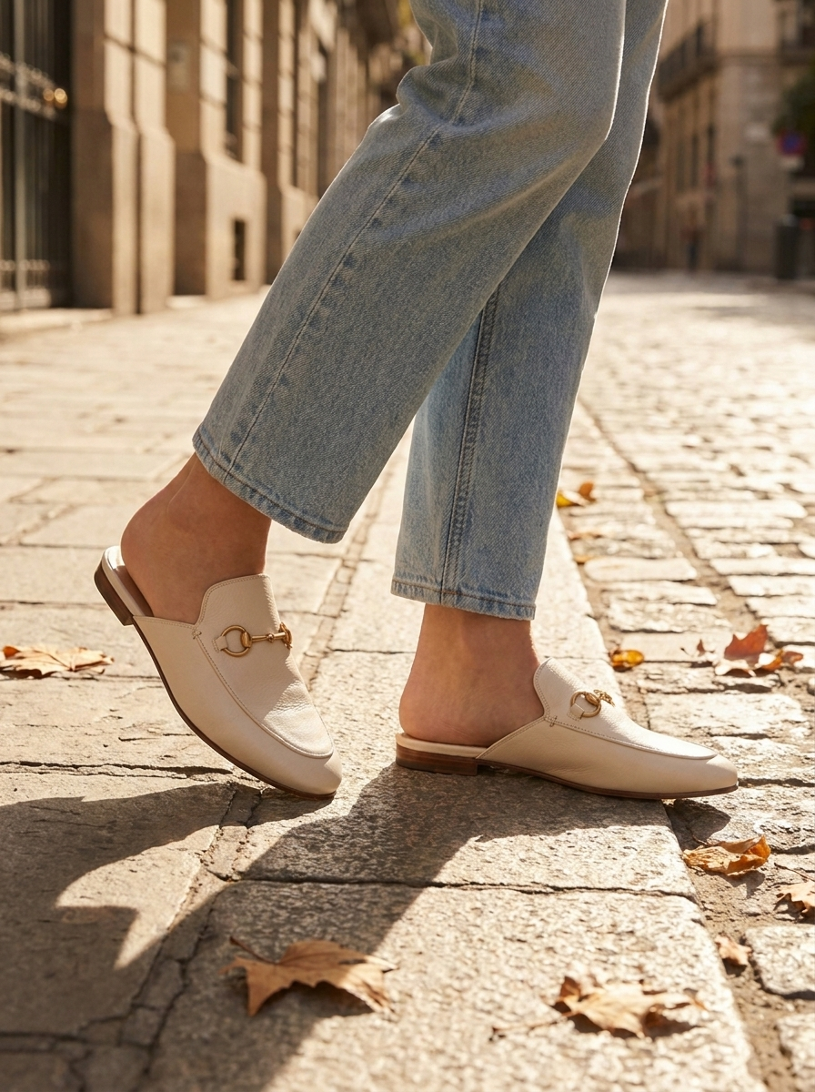 Horsebit loafer mules worn on a city sidewalk
