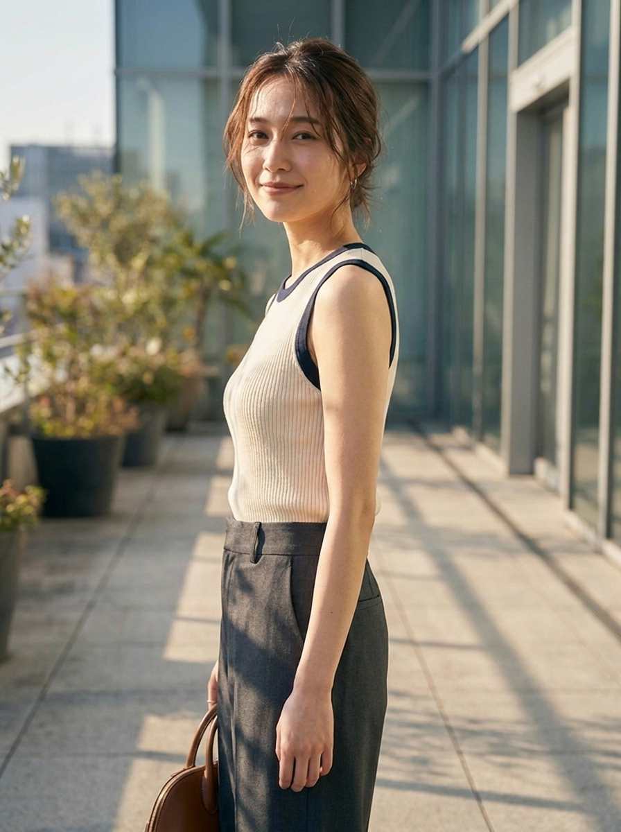 Contrast trim ribbed knit vest, three-quarter view