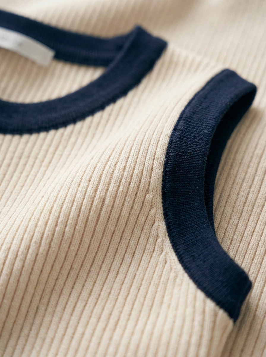 Close-up of the ribbed knit texture and contrast trim