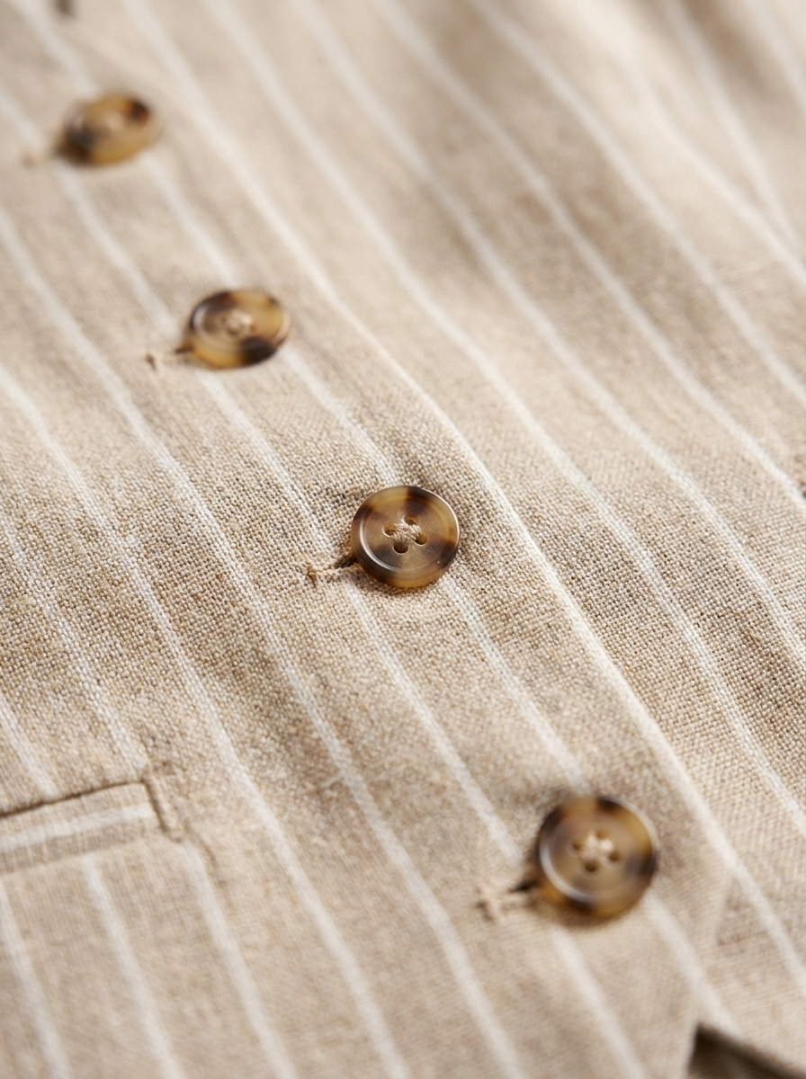 Close-up of the pinstriped linen fabric and buttons