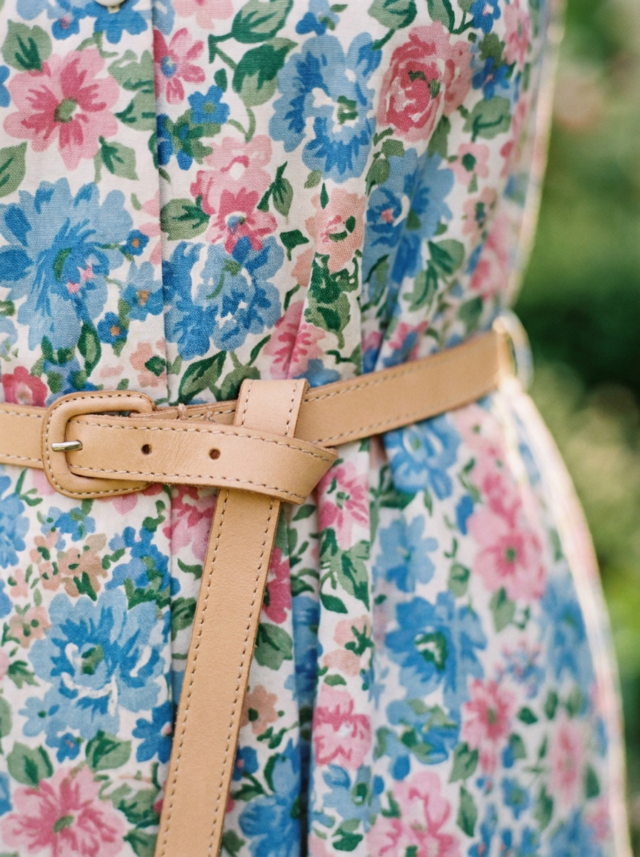 Close-up of the floral print fabric and belt