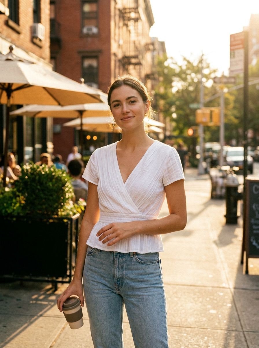 Woman wearing a white cross-over collar pleated cinched t-shirt, front