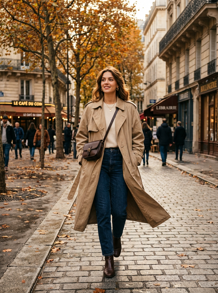 Woman wearing a vintage beige trench coat, front