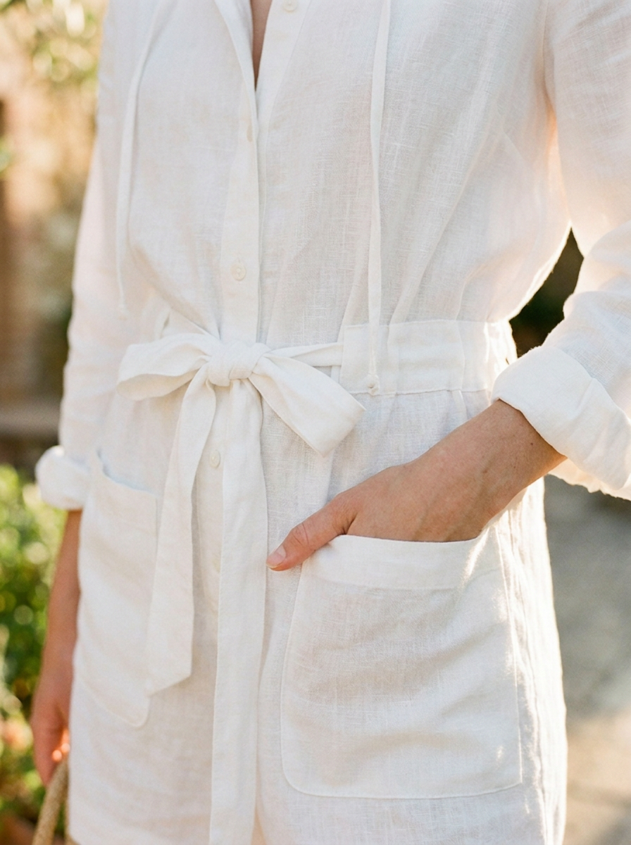 Close-up of the drawstring waist and pocket