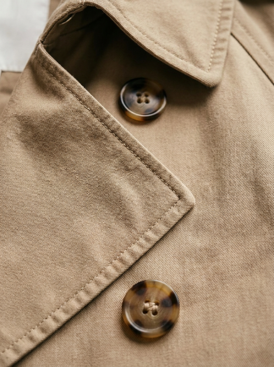 Close-up of the trench coat lapel and buttons