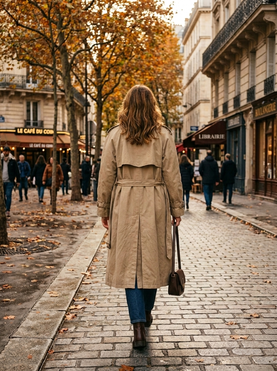 Vintage trench coat, back view with belt