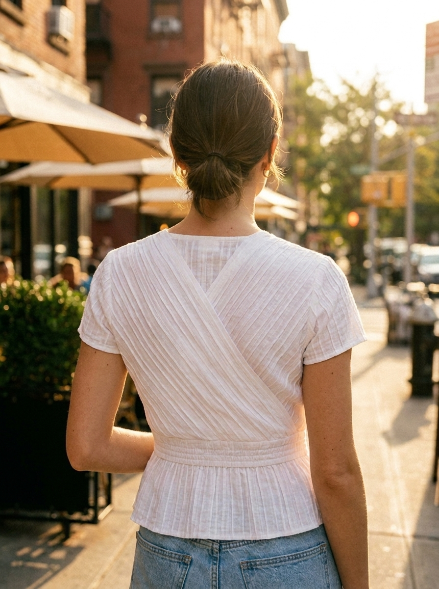 Cross-over collar pleated t-shirt, back view