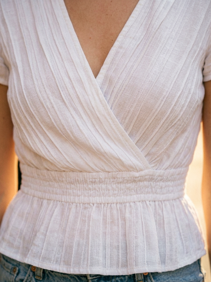 Close-up of the cross-over collar and pleating