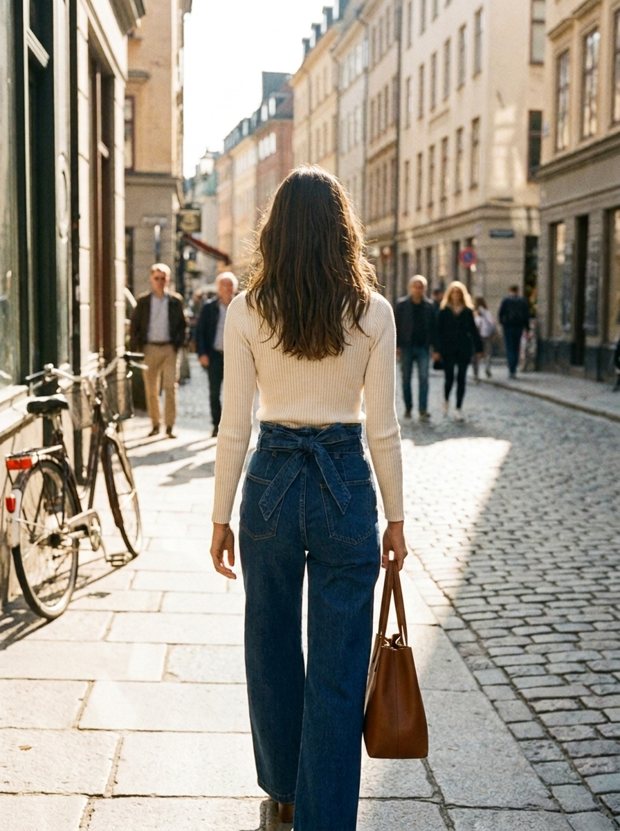 Wide-leg jeans, back view showing bow detail