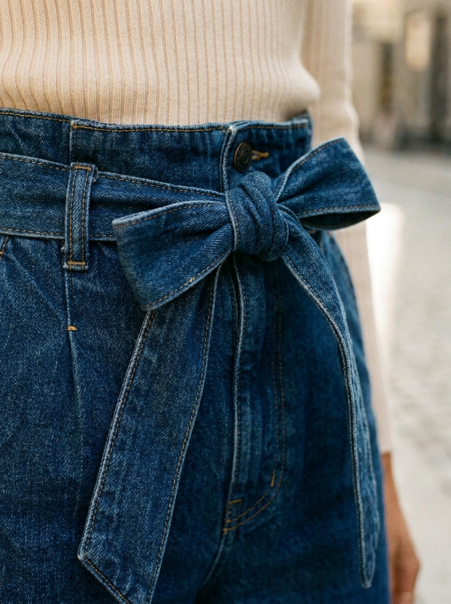 Close-up of the bow detail and denim waistband